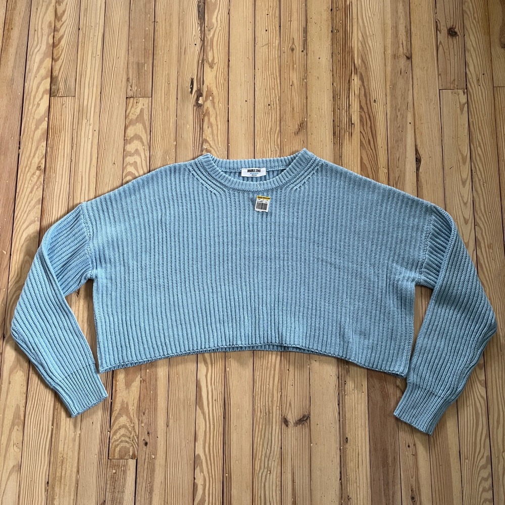 NWT DOUBLEZERO Light Blue Ribbed Cropped Oversized Sweater Pullover Women Medium